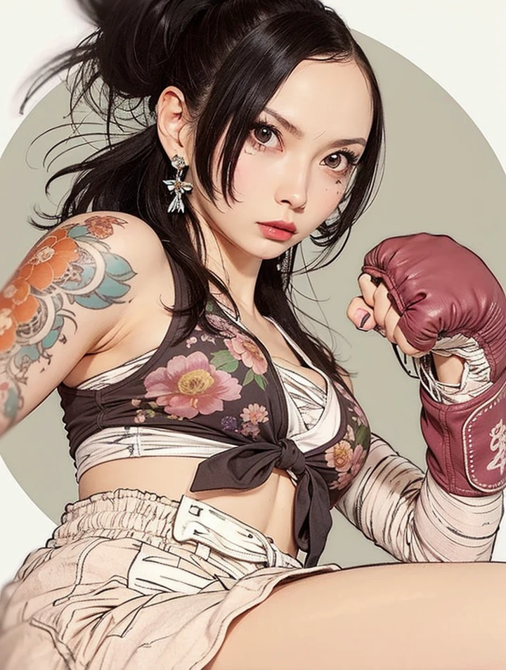 Beauty, Black Hair, Kickboxing, damage, bandage, monotone, mode, Ultra-thin line art, Detailed depiction, Fine writing, Hiro Yamagata, Lots of tattoos, Face Paint, Many rings, Flashy Nails, Lots of bangles, beautiful girl, solo, attractive, niji 6, multi color, the same pose, Summer outfitsPastel colored tops, pink, Mint green, Blouses and shirts in soft colors such as lavender, Floral Print, Floral dresses and skirts, Denim jackets and cardigans, Tank tops and camisoles, Bright colored bottoms, white, beige, Pants or skirts in light colors such as light gray, Flat shoes or sandals, casual, Small items such as earrings, Add an accent to your outfit、masterpiece, ultra detailed, hyper detailed, insanely detailed, detailed, high quality, best quality, exquisite, beautiful, woman, shy, wink, making a V sign, looking at viewer, black hair, big eyes, slant eyes, wide-eyed, heterochromia, with heart-shaped pupils, wheatish skin, skirt, choker, with a tattoo, piercing, beauty mark, freckles, blush, nail polish, long hair, twintail, very long hair, long hair, twintails, spiked hair, flipped hair, ahoge, shiny hair, wavy hair