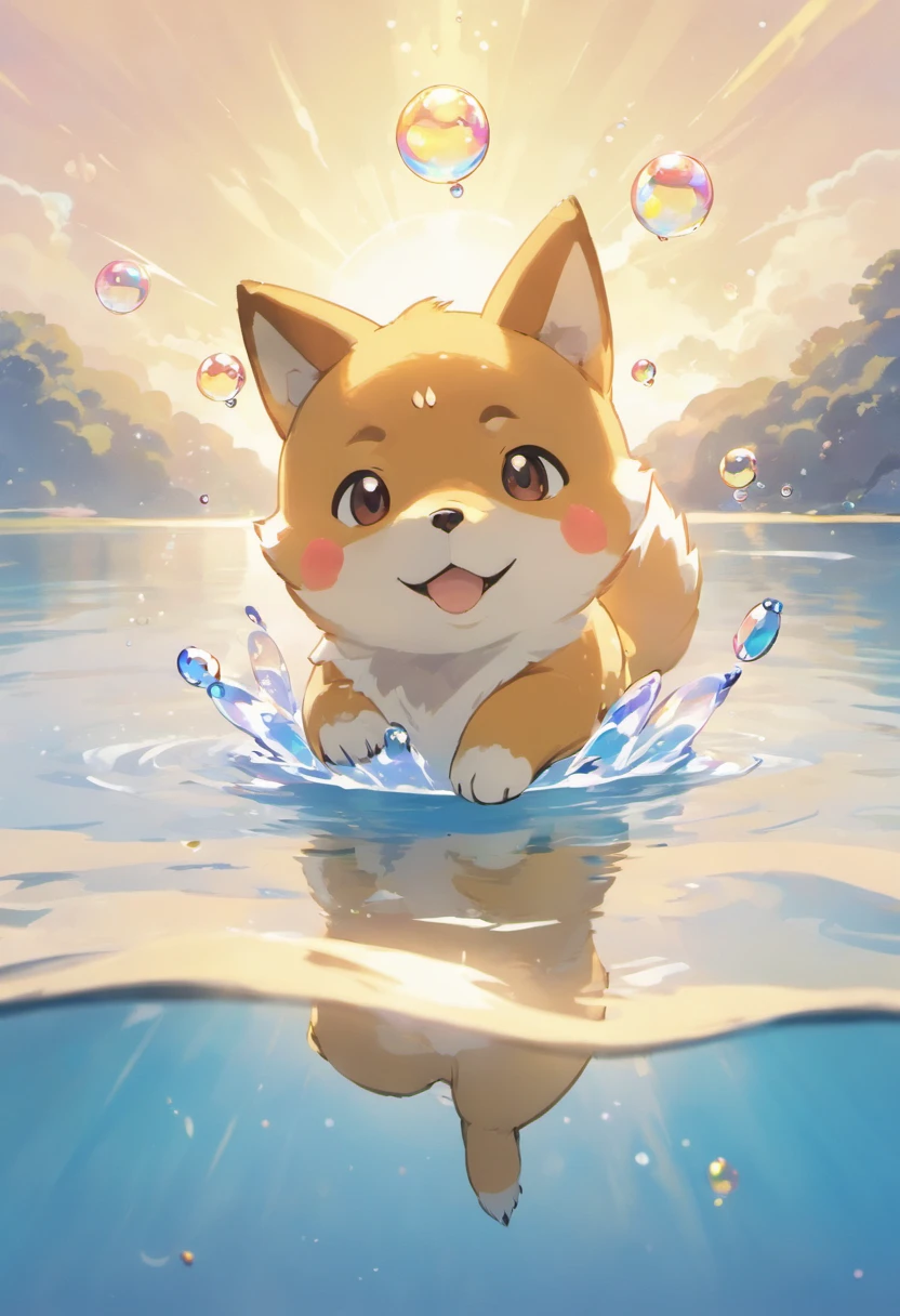 An inspiring ultra-high definition 3D scene,Showing a Shiba Inu, Watch yourself reflected in a quiet lake with Pokémon. Beautifully presented,The details are all in place, See the bubbles gently blowing into the air, Everyone has a good wish. Bubbles capture reflections of the setting sun, Be a dreamer, magical effect. The overall atmosphere is soft, Full of hope and tranquility