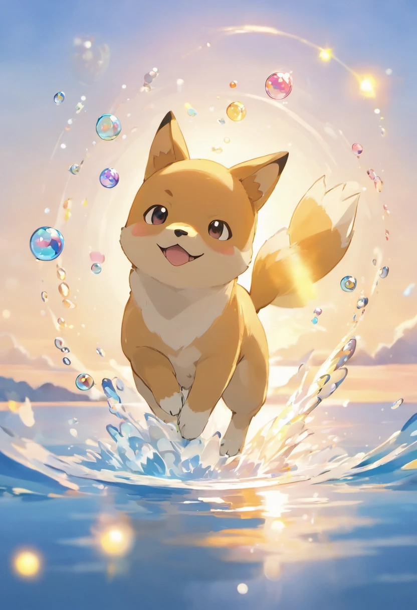 An inspiring ultra-high definition 3D scene，Showing a Shiba Inu, Watch yourself reflected in a quiet lake with Pokémon. Beautifully presented，The details are all in place, See the bubbles gently blowing into the air, Everyone has a good wish. Bubbles capture reflections of the setting sun, Be a dreamer, magical effect. The overall atmosphere is soft, Full of hope and tranquility