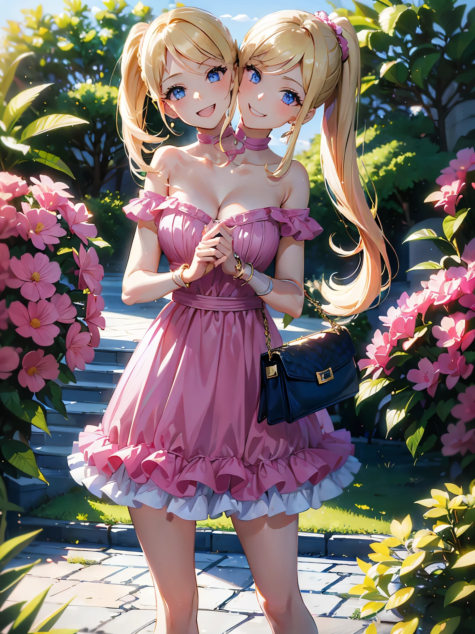 (masterpiece, best quality), best resolution, (2heads:1.5), 1girl, barbie, blond hair, low ponytail, different hair styles, shoulder length hair, blue eyes, smiling, mouth open, different facial expressions, mouth closed, pink dress, holding a handbag, front yard of pink house, suburban