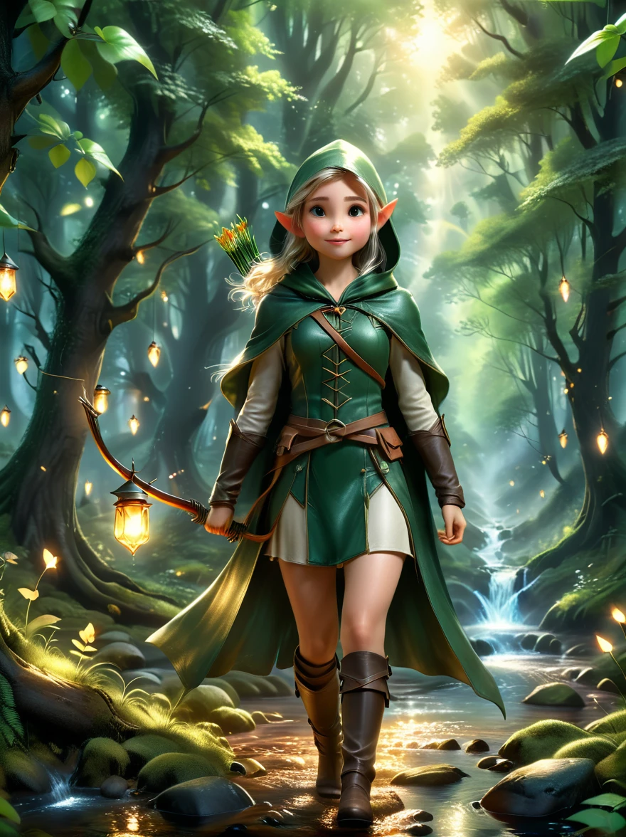 A girl, An experienced Elf Ranger embarks on a long journey of resistance, An elf wearing a leather tunic and a hooded cloak of gleaming platinum silk，Holding Elven Bow, Black Forest, A forest landscape in the background，Beautiful trees, Stream and Fireflies, panoramic, movie lighting, dramatic scene, High quality 3D rendering, fantasy, Pixar 3D character design style, Dreamyvibes Artstyle