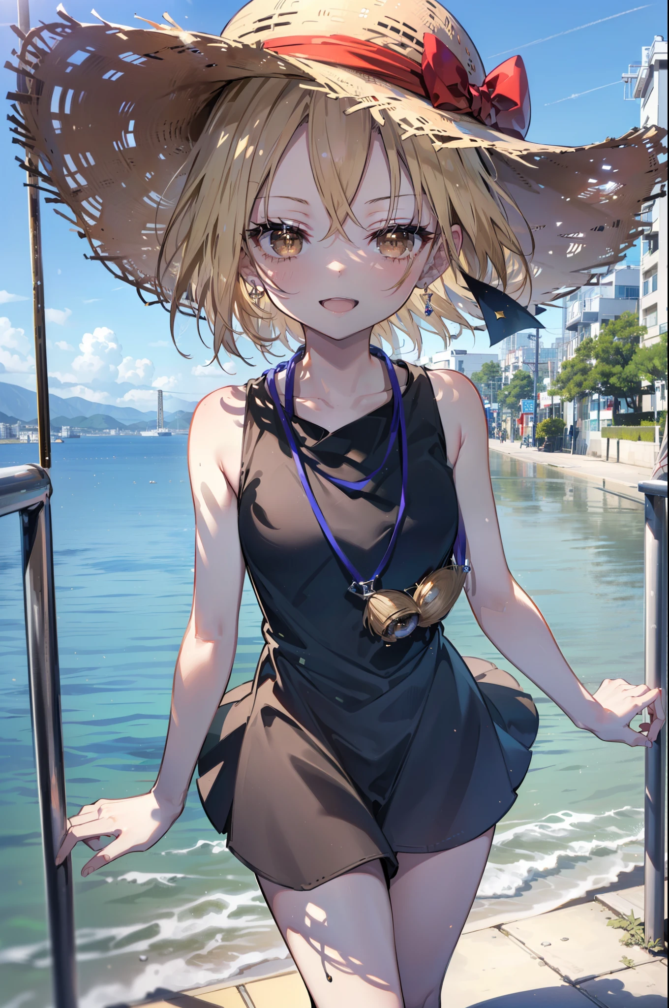 (annakyouyama, anna kyouyama, Blonde Hair, short hair, (Brown eyes:1.7),happy smile, smile, Open your mouth,Big straw hat,Black sleeveless dress,Long skirt,Cute Sandals,Daytime,Clear skies,Walking,
壊す looking at viewer, whole body,
Destroy outdoors, Building district,Destroy the coastal road (masterpiece:1.2), highest quality, High resolution, unity 8k wallpaper, (shape:0.8), (Fine and beautiful eyes:1.6), Highly detailed face, Perfect lighting, Highly detailed CG, (Perfect hands, Perfect Anatomy),