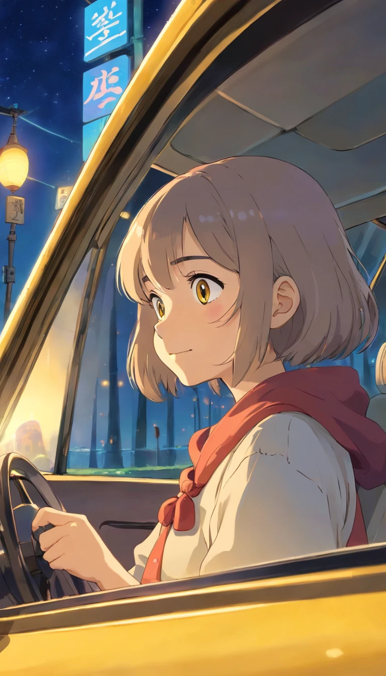 Car driving on the highway、Girl looking out the window(About )、night、The yellow lights of the highway are reflected in the car window.、The girl is sitting in the passenger seat、Drawing from the perspective of looking at the girl from outside the car、Yellow lights reflected in the window pane、The girl smiles a little、high resolution