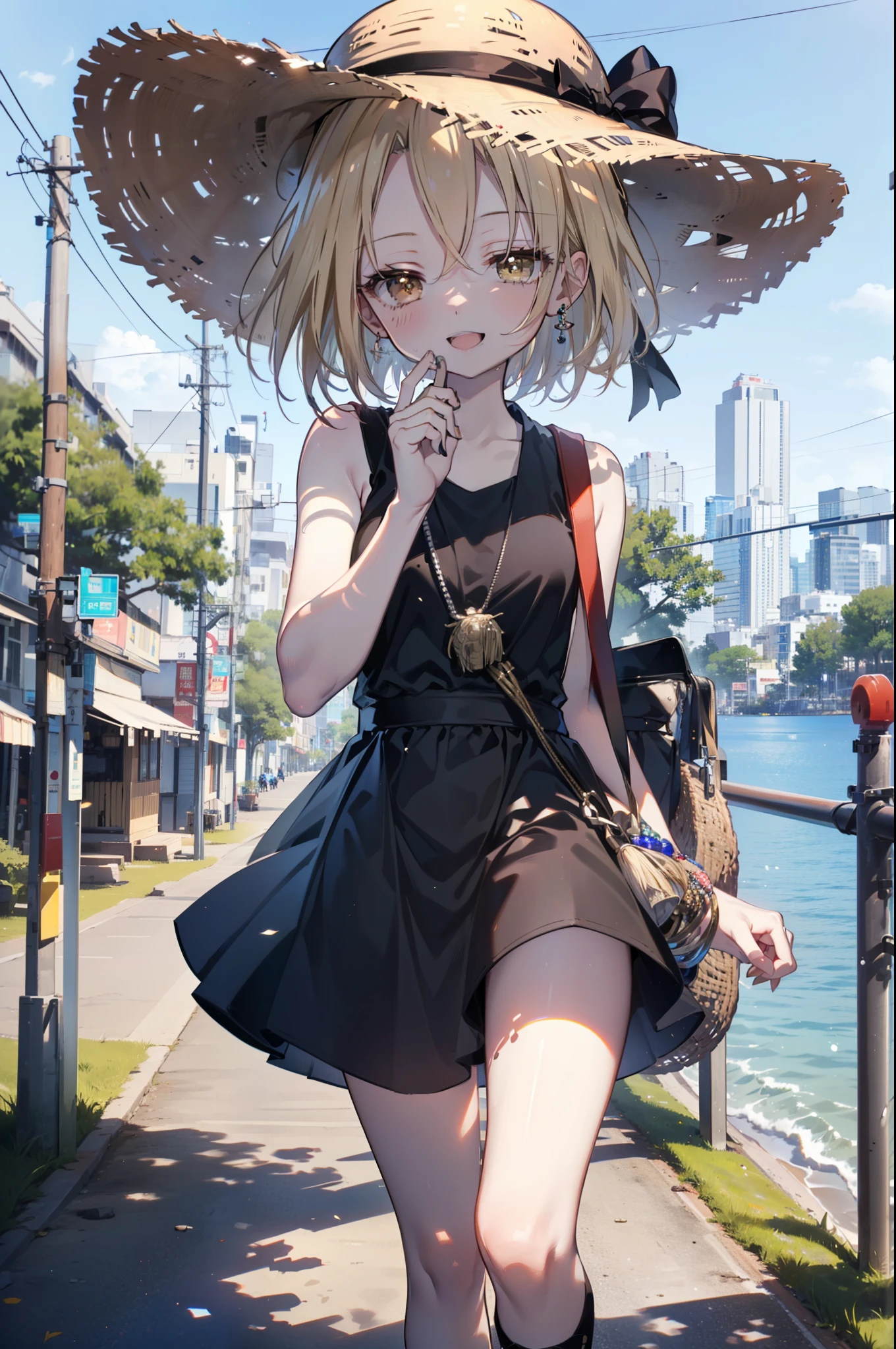 (annakyouyama, anna kyouyama, Blonde Hair, short hair, (Brown eyes:1.7),happy smile, smile, Open your mouth,Big straw hat,Black sleeveless dress,Long skirt,Cute Sandals,Daytime,Clear skies,Walking,
壊す looking at viewer, whole body,
Destroy outdoors, Building district,Destroy the coastal road (masterpiece:1.2), highest quality, High resolution, unity 8k wallpaper, (shape:0.8), (Fine and beautiful eyes:1.6), Highly detailed face, Perfect lighting, Highly detailed CG, (Perfect hands, Perfect Anatomy),