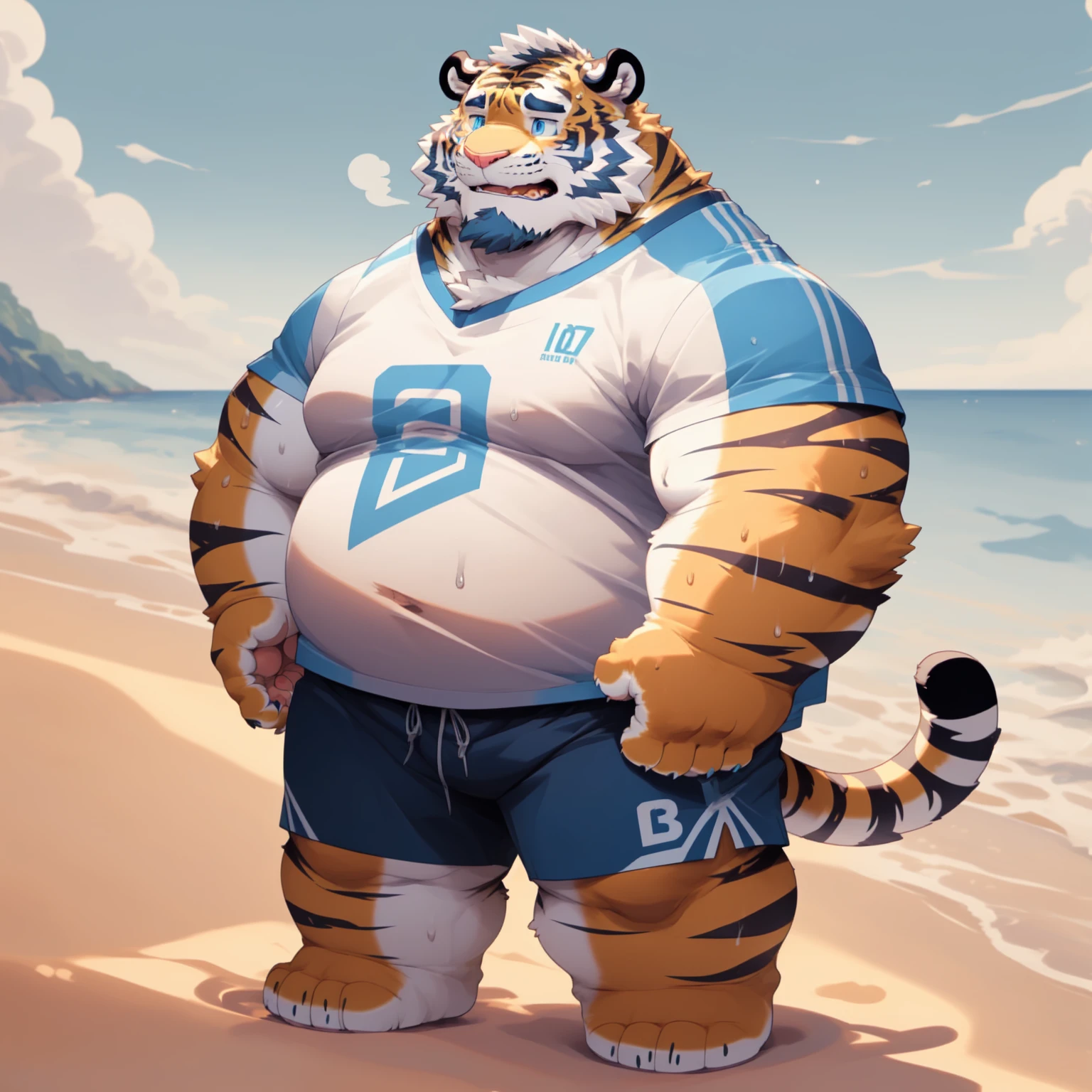 New Jersey 5 Furry,tiger，solitary，Chubby，fat，Thick arms，Strong muscles，shorts，Plush，Chubby脸，Black eyebrows，Sky blue eyes，beard，（Standing on the beach），（White T-shirt，黑色shorts），（sweat）