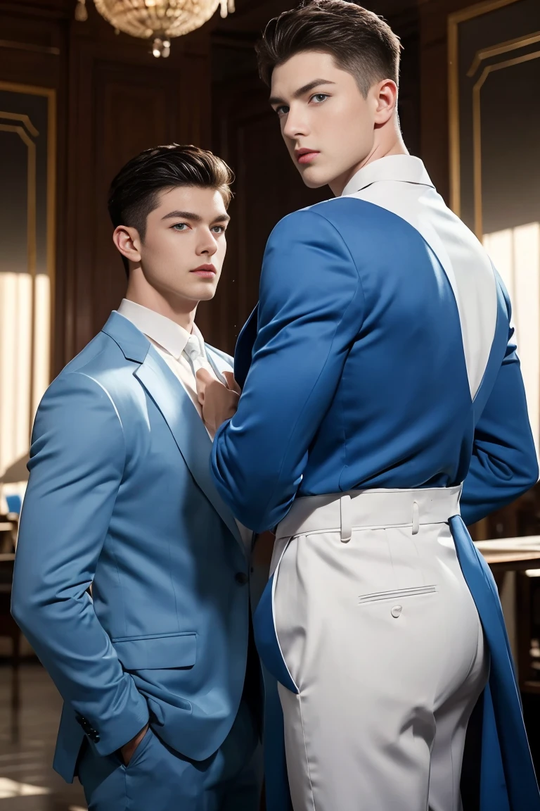 Ultra wide angle,((masterpiece)),((best quality)),8K,High Detail,Very detailed, 2 handsome muscular boys,very manly,blue eyes,Fashionable short hair,Vivid male image, fashion pose, masculine expression,Real skin texture, Perfect and realistic hand details,Light,
Royal blue style couple,White male model photos