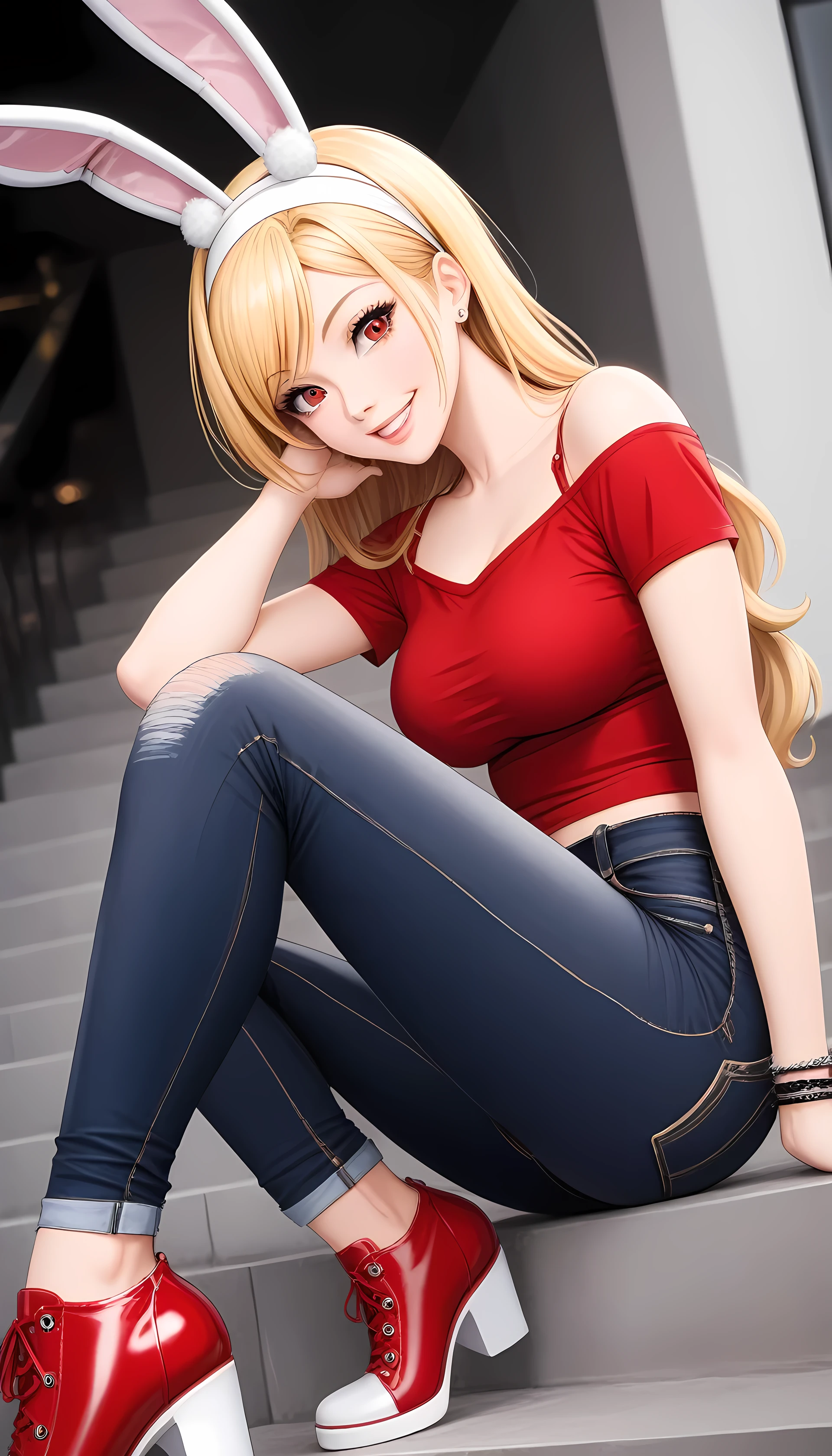 anime-style character image. She has blonde hair, red eyes, a bunny ears headband, a red top, black jeans, and fashionable footwear, all while giving the camera a seductive smile