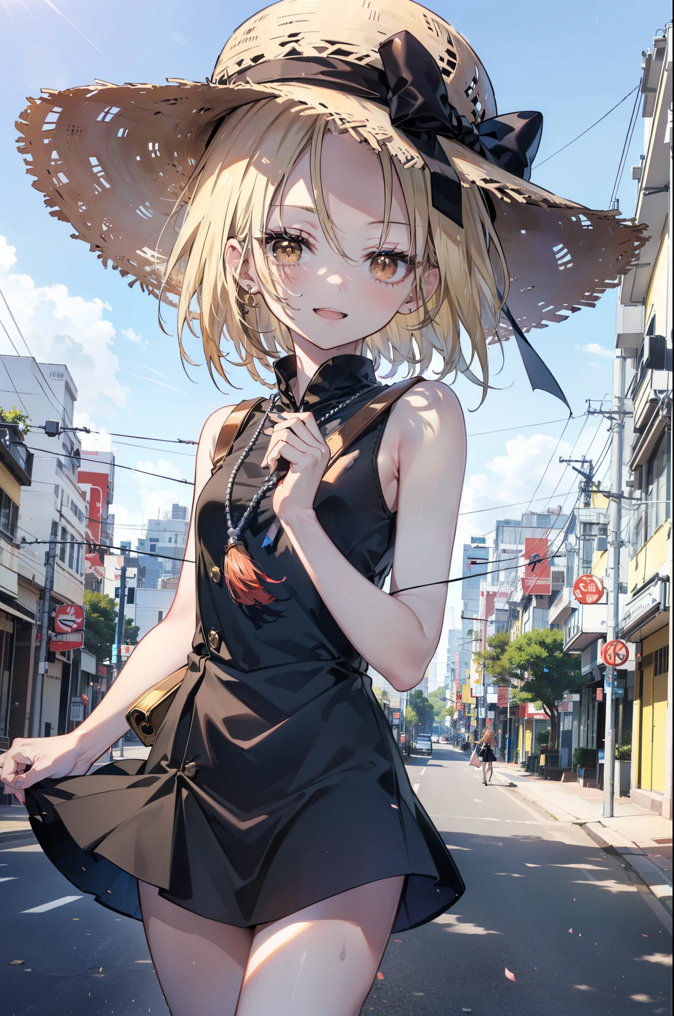(annakyouyama, anna kyouyama, Blonde Hair, short hair, (Brown eyes:1.7),happy smile, smile, Open your mouth,Big straw hat,Black sleeveless dress,Long skirt,Cute Sandals,Daytime,Clear skies,Walking,
壊す looking at viewer, whole body,
Destroy outdoors, Building district,Destroy the coastal road (masterpiece:1.2), highest quality, High resolution, unity 8k wallpaper, (shape:0.8), (Fine and beautiful eyes:1.6), Highly detailed face, Perfect lighting, Highly detailed CG, (Perfect hands, Perfect Anatomy),