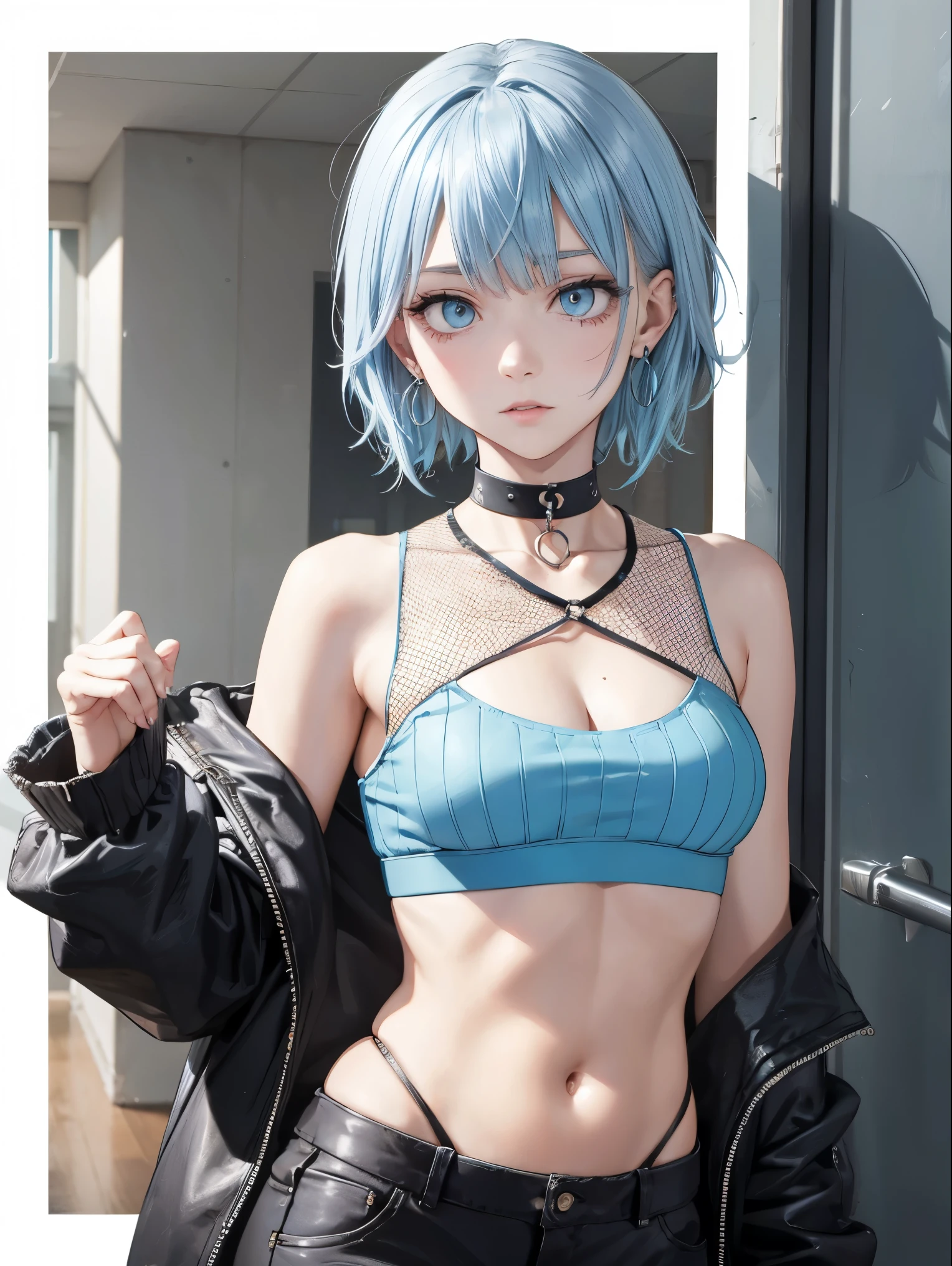 whole body, Punk Fashion, Belly-baring crop top, Light blue hair, Wolf Cut Hairstyle, Mesh Details, Earrings, Choker Necklace