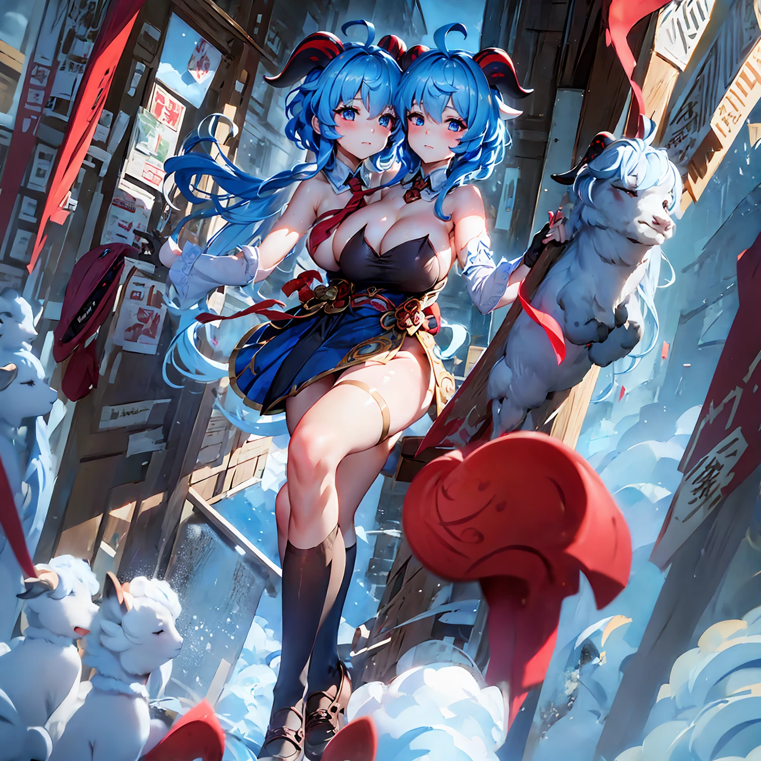 masterpiece,best quality,best resolusion,1 girl,2heads,detailed,ganyu character,has two goat horns on its head,short blue hair,blue eyes,wearing a high ,wearing a two-pronged red tie,,simple background,beautiful face,beautiful hair,beautiful eyes,beautiful body,beautiful hand,conjoined twins