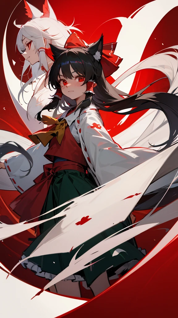 Highest quality I have long hair Gray Hair Konpaku Youmu Reimu Hakurei Red eyes I don't have anything vampire Odd Eye kind Miko costume Cat ear Embarrassed Background Black Two people