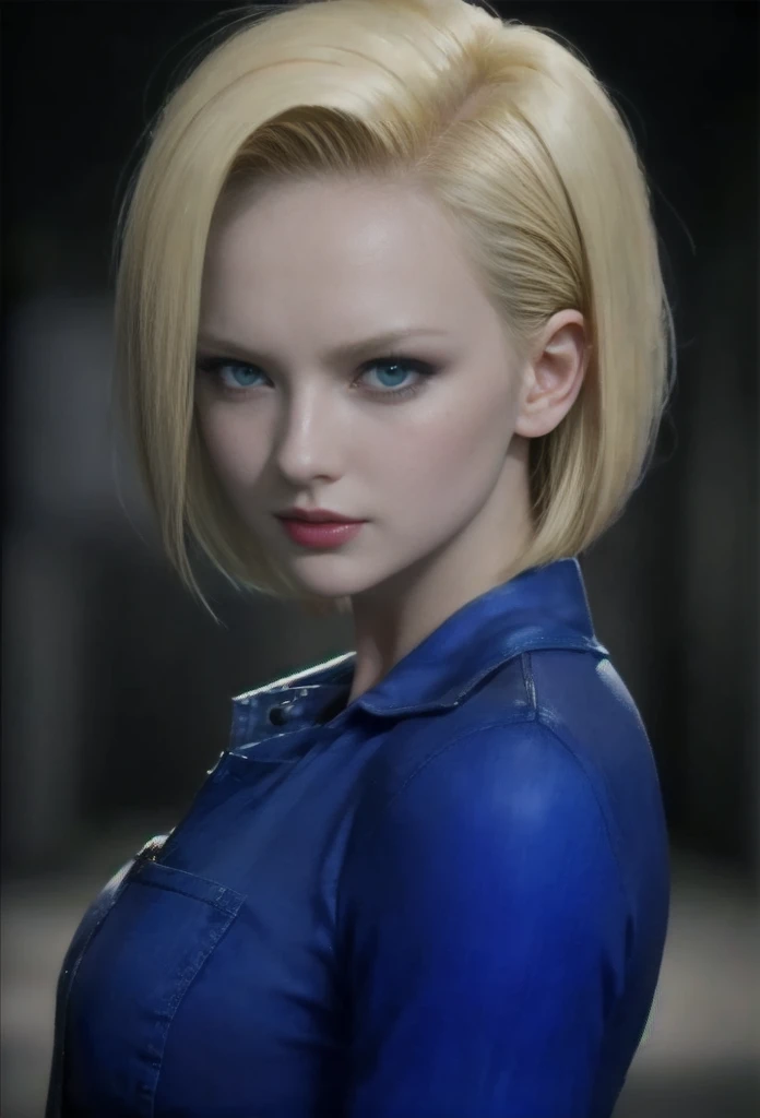 Android 18, (best quality, ultra-detailed), (realistic:1.37), beautiful and detailed face, ultra-realistic texture, delicate face, delicate body, red lipstick, bright colors. High definition, 8K, well defined legs, strong legs