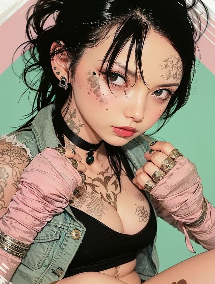 Beauty, Black Hair, Kickboxing, damage, bandage, monotone, mode, Ultra-thin line art, Detailed depiction, Fine writing, Hiro Yamagata, Lots of tattoos, Face Paint, Many rings, Flashy Nails, Lots of bangles, beautiful girl, solo, attractive, niji 6, multi color, the same pose, Summer outfitsPastel colored tops, pink, Mint green, Blouses and shirts in soft colors such as lavender, Floral Print, Floral dresses and skirts, Denim jackets and cardigans, Tank tops and camisoles, Bright colored bottoms, white, beige, Pants or skirts in light colors such as light gray, Flat shoes or sandals, casual, Small items such as earrings, Add an accent to your outfit、masterpiece, ultra detailed, hyper detailed, insanely detailed, detailed, high quality, best quality, exquisite, beautiful, woman, shy, wink, making a V sign, looking at viewer, black hair, big eyes, slant eyes, wide-eyed, heterochromia, with heart-shaped pupils, wheatish skin, skirt, choker, with a tattoo, piercing, beauty mark, freckles, blush, nail polish, long hair, twintail, very long hair, long hair, twintails, spiked hair, flipped hair, ahoge, shiny hair, wavy hair