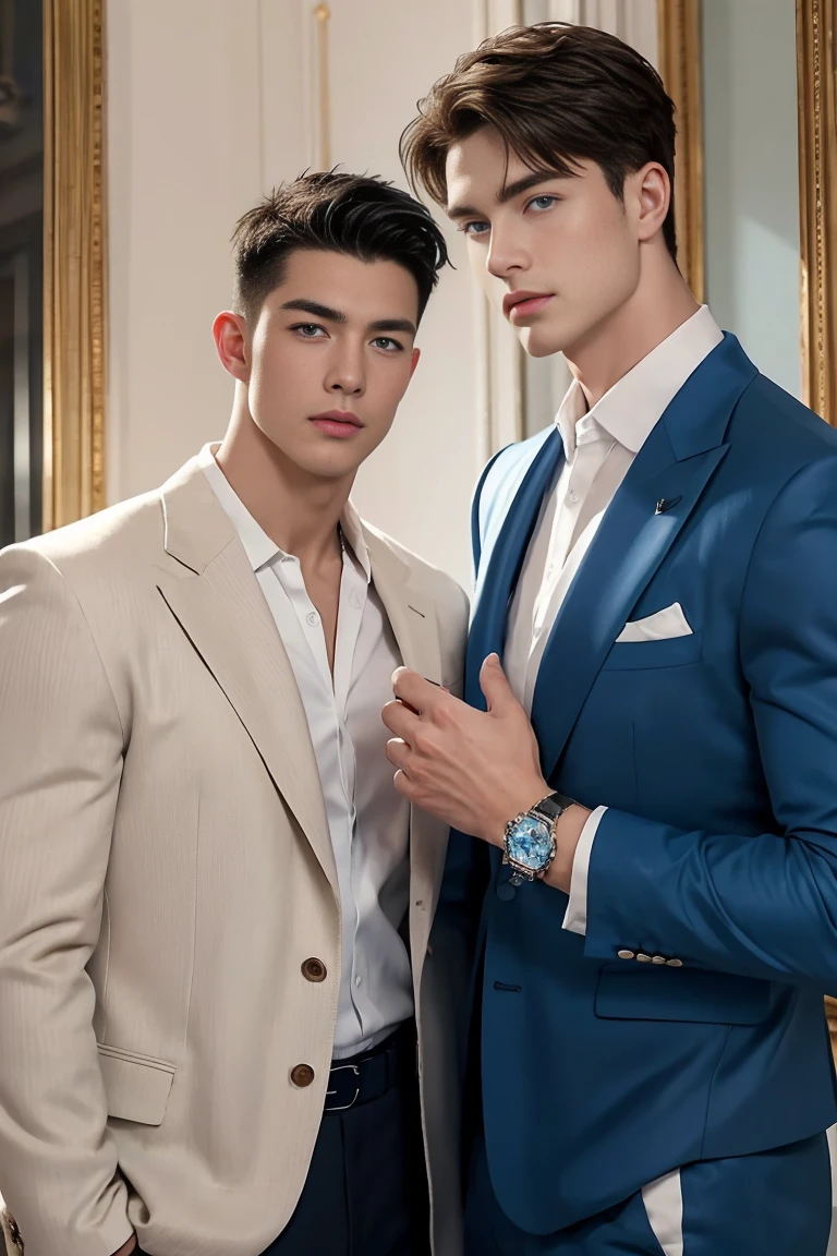 Ultra wide angle，((masterpiece)),((best quality)),8K,High Detail,Very detailed, 2 handsome muscular boys，very manly，blue eyes，Fashionable short hair，Vivid male image, fashion pose, masculine expression，Real skin texture, Perfect hand details，Authentic hand details，Light,
Royal blue style couple，White male model photos