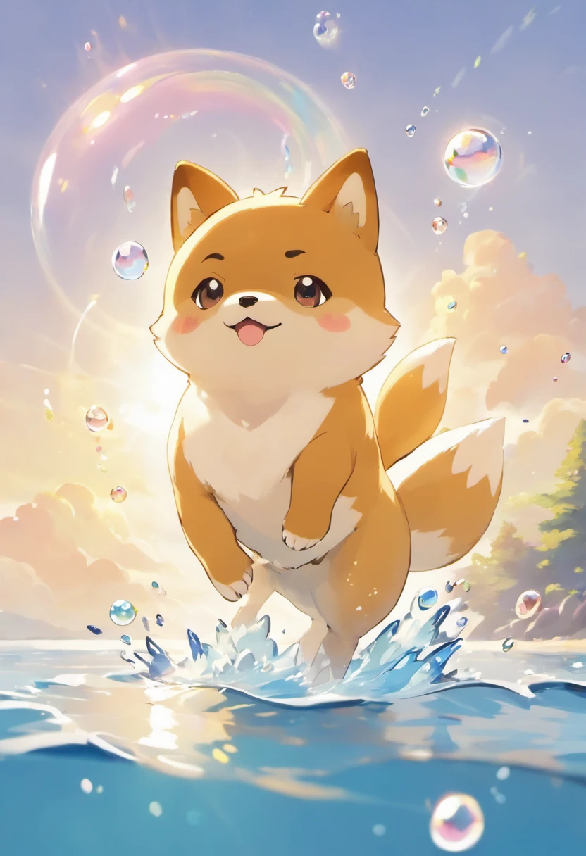 An inspiring ultra-high definition 3D scene,Showing a Shiba Inu, Beautifully presented bone-biting with Pokémon by a quiet lake,The details are all in place, See the bubbles gently blowing into the air, Everyone has a good wish. Bubbles capture reflections of the setting sun, Be a dreamer, magical effect. The overall atmosphere is soft, Full of hope and tranquility