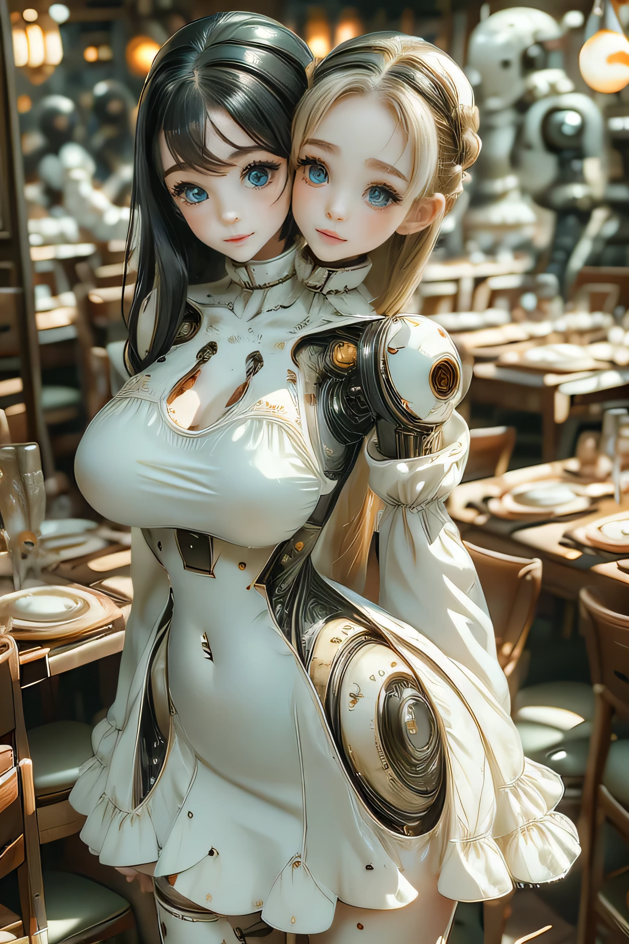 (best quality, masterpiece:1.2), conjoined_dicephalus, round face, wide hips, long legs, clear skin, freckles, beautiful detailed eyes, beautiful detailed lips, white dress, large breasts, left head has black hair, right head has blonde hair, blue eyes, chokers, ponytail hair, mechanical parts on the body 