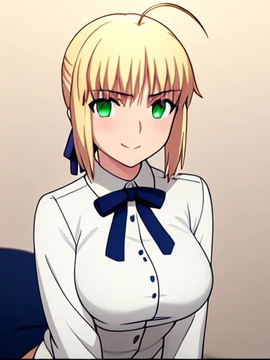 Best_quality, masterpiece, highres, detailed, detailed_background, ray_tracing_graphic, solo, adult_female, {saber_fatestaynightufotable:1.15}, blonde_hair, little_ahoge, detailed_green_eyes, blue_ribbon, 1girl, anime_coloring, detailed_face, happy, smile, five_fingers, blush, G_Cup_breasts, work_uniform, from_the_front, sit, bed, white_room, squeeze_breasts, night_time, looking_at_viewer, oily_skin, detailed_skin, detailed_texture
