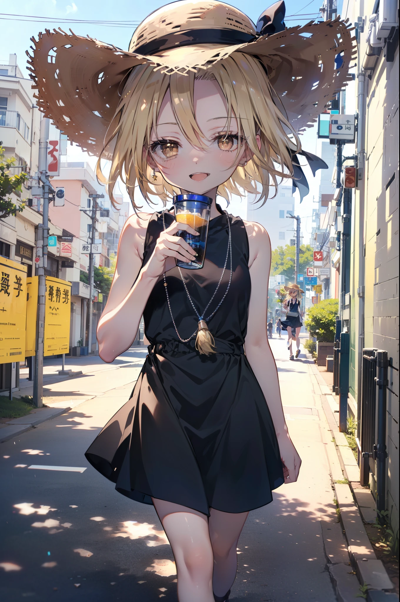 (annakyouyama, anna kyouyama, Blonde Hair, short hair, (Brown eyes:1.7),happy smile, smile, Open your mouth,Big straw hat,Black sleeveless dress,Long skirt,Cute Sandals,Daytime,Clear skies,Walking,
壊す looking at viewer, whole body,
Destroy outdoors, Building district,Destroy the coastal road (masterpiece:1.2), highest quality, High resolution, unity 8k wallpaper, (shape:0.8), (Fine and beautiful eyes:1.6), Highly detailed face, Perfect lighting, Highly detailed CG, (Perfect hands, Perfect Anatomy),