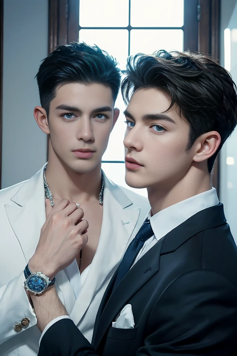 Ultra wide angle，((masterpiece)),((best quality)),8K,High Detail,Very detailed, 2 handsome muscular boys，very manly，blue eyes，Fashionable short hair，Vivid male image, fashion pose, masculine expression，Real skin texture, Perfect hand details，Authentic hand details，Light,
Royal blue style couple，White male model photos