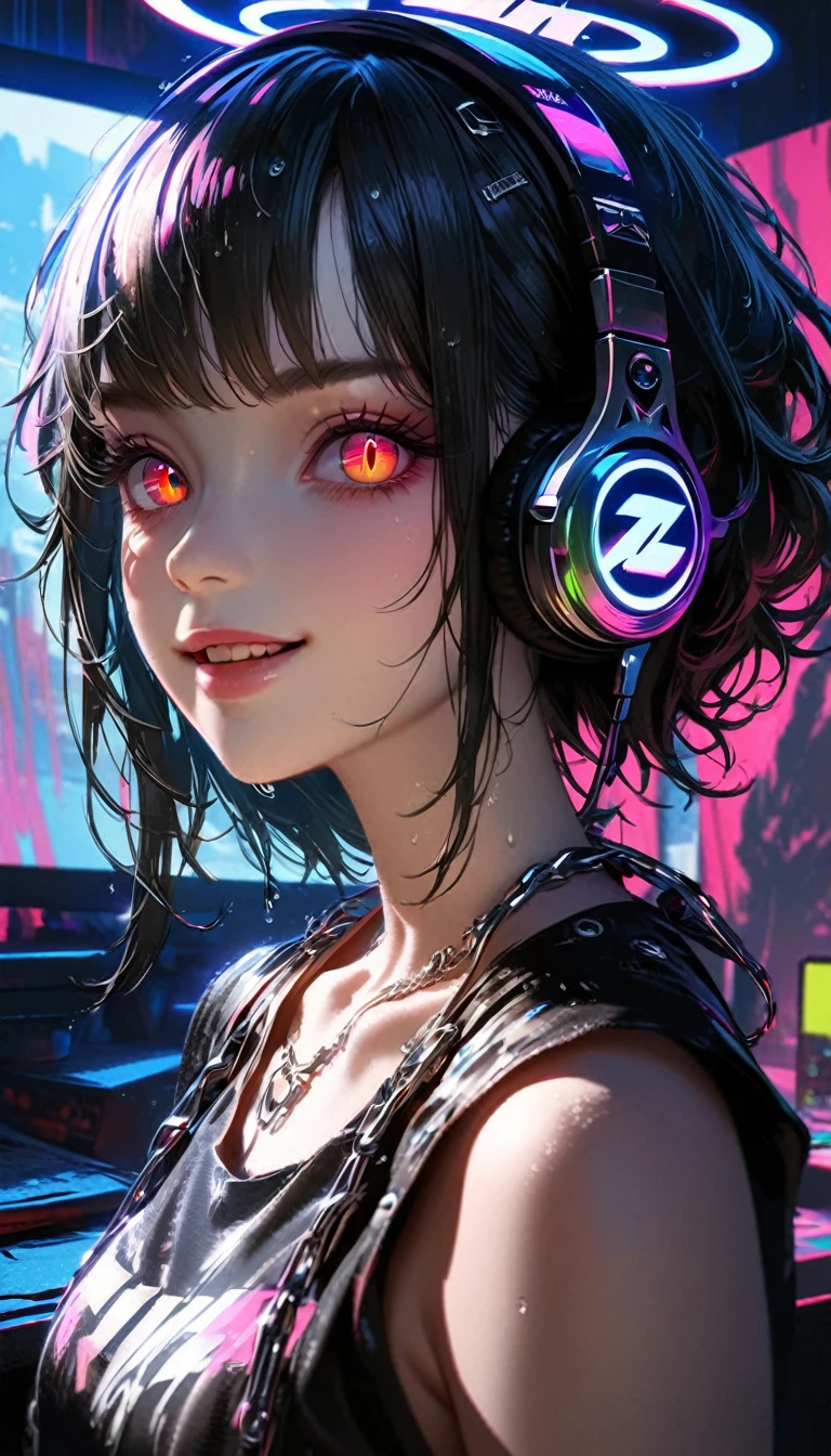 1 girl, chromatic aberration, depth of field, soft lighting, masterpiece, top quality, complex, tone map, highly detailed, art station, concept art, smooth, sharp focus, dramatic lighting, highly detailed artwork, cinematic, super realistic painting, art station's trending, 8k, incredible shadows, realistic, (highly detailed background:1.0), upper body, looking back, highly detailed portrait of one girl 1, standing on street corner, during downpour with lightning and cloudy sky, neon and cyber punk background, she is dressed in punk clothing with silver chains and silver spikes, her hair is painted with a delicate touch with black middle hair, she is wearing headphones, detailed glowing red eyes with clear pupils, ominous aura of Halo, smiling, punk, ciber punk, back Lights.