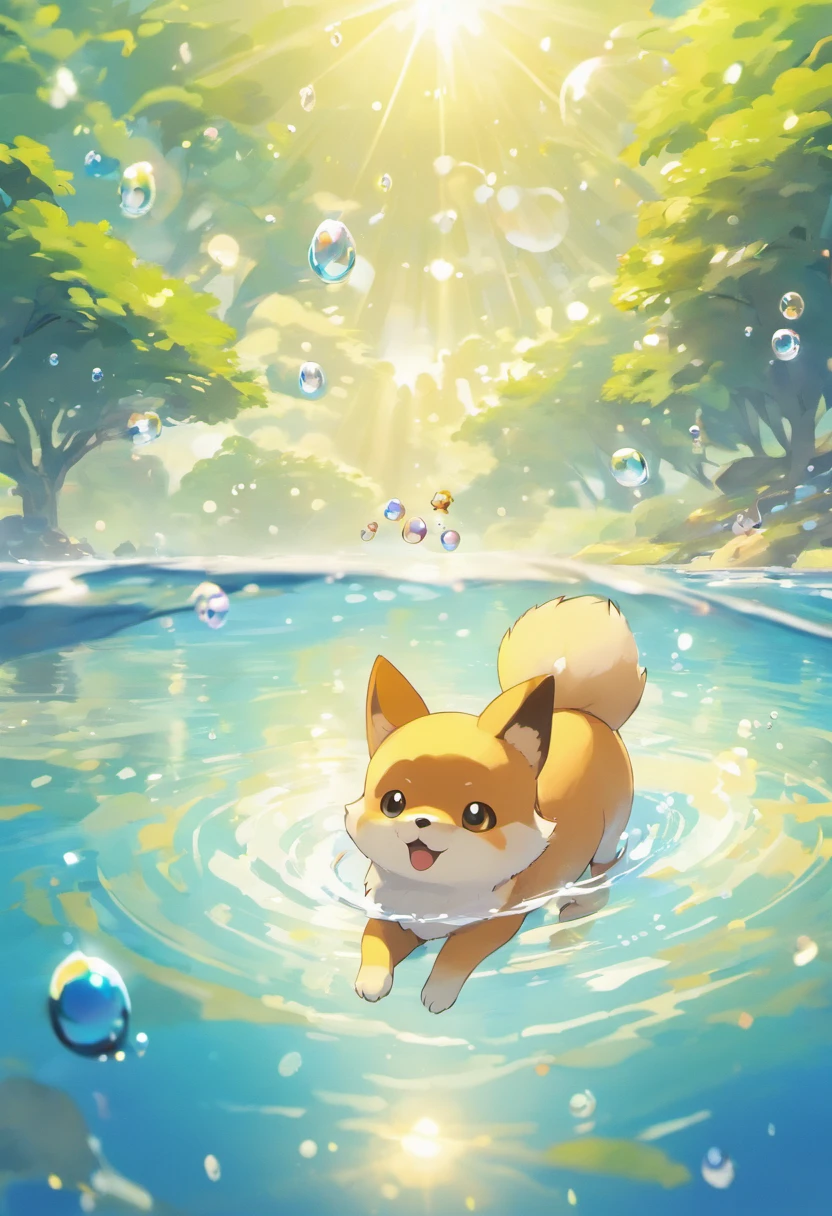 An inspiring ultra-high definition 3D scene，Showing a Shiba Inu, Watching the water of the lake quietly with Pokémon. Beautifully presented，The details are all in place, See the bubbles gently blowing into the air, Everyone has a good wish. Bubbles capture reflections of the setting sun, Be a dreamer, magical effect. The overall atmosphere is soft, Full of hope and tranquility