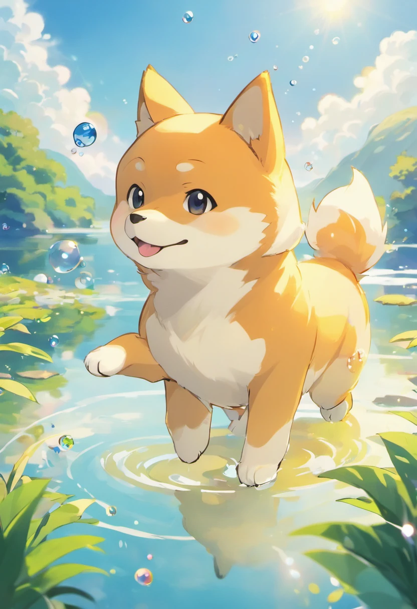 An inspiring ultra-high definition 3D scene,Showing a Shiba Inu, Watching the water of the lake quietly with Pokémon. Beautifully presented,The details are all in place, See the bubbles gently blowing into the air, Everyone has a good wish. Bubbles capture reflections of the setting sun, Be a dreamer, magical effect. The overall atmosphere is soft, Full of hope and tranquility