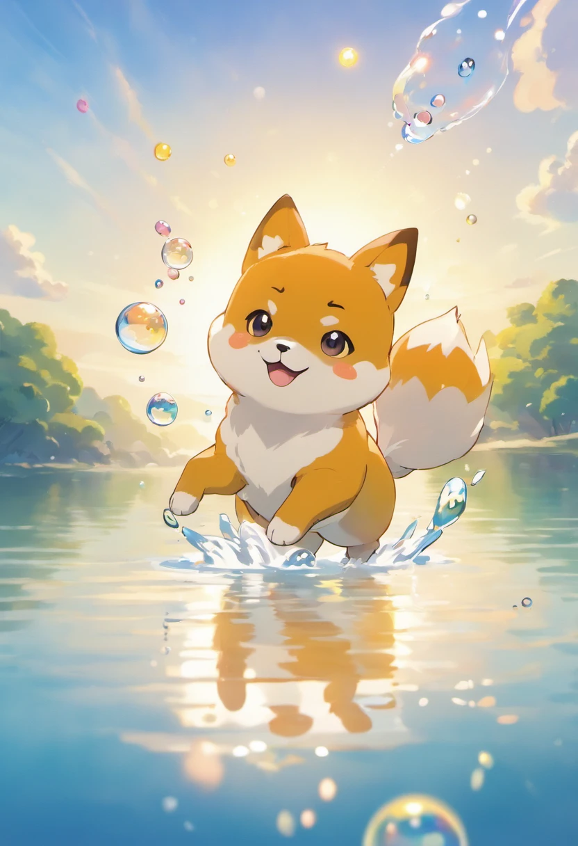 An inspiring ultra-high definition 3D scene，Showing a Shiba Inu, Watching the water of the lake quietly with Pokémon. Beautifully presented，The details are all in place, See the bubbles gently blowing into the air, Everyone has a good wish. Bubbles capture reflections of the setting sun, Be a dreamer, magical effect. The overall atmosphere is soft, Full of hope and tranquility