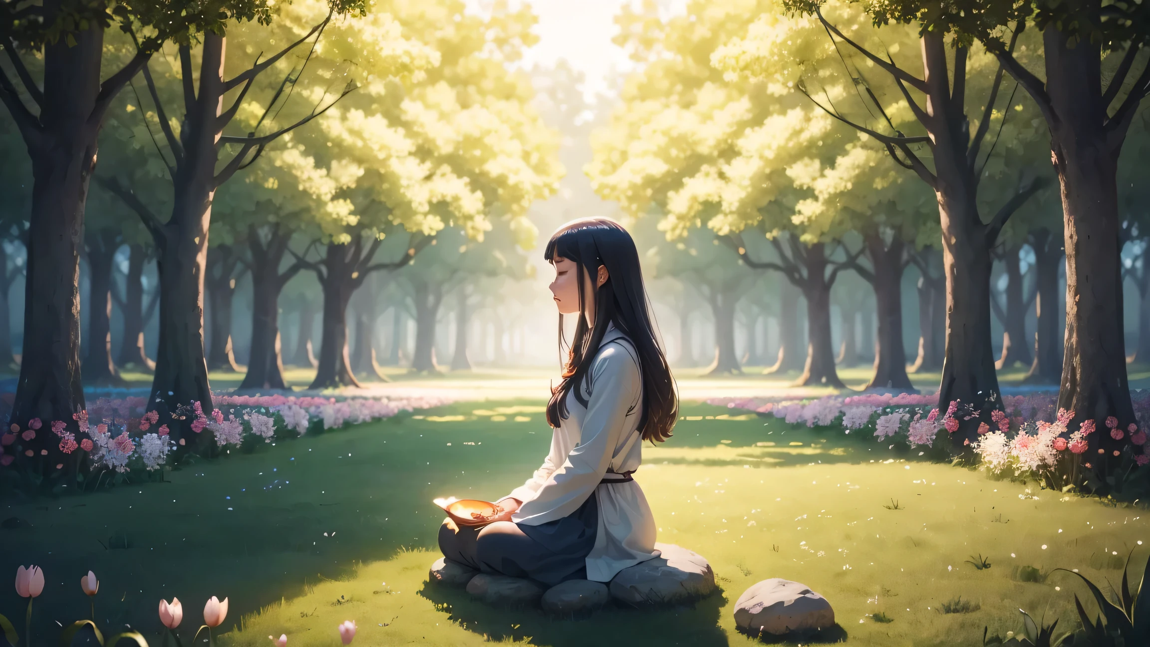 Image of a girl meditating, surrounded by nature, Like quiet groves and fields full of colorful flowers.. This image gives a sense of serenity, Spiritual connection with nature and peaceful atmosphere, This is in keeping with the purpose of the prayer..