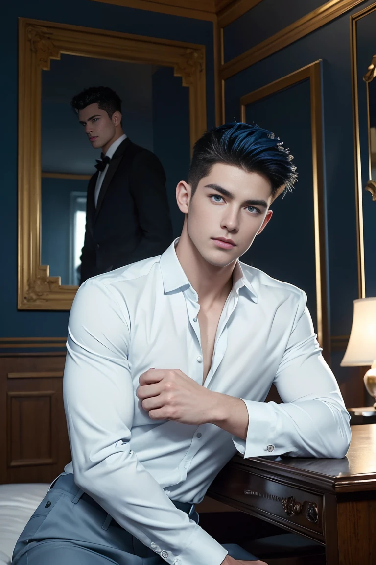 Ultra wide angle，((masterpiece)),((best quality)),8K,High Detail,Very detailed, 2 handsome muscular boys，very manly，blue eyes，Fashionable short hair，Vivid male image, fashion pose, masculine expression，Real skin texture, Perfect hand details，Authentic hand details，Light,
Royal blue style couple，White male model photos