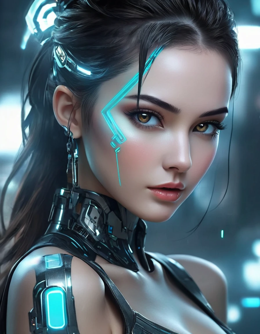 This is a description of futuristic technology, cyberpunk backgrounds and various elements related to facial features, color spray paint, tattoos, beauty and robots. The description mentions high-definition facial features, compact faces, deep scenes, color spray paint, beautiful faces, white eyes, deep perspective, male and female characters, and sophisticated faces. In addition, the elements of the dark background are emphasized.