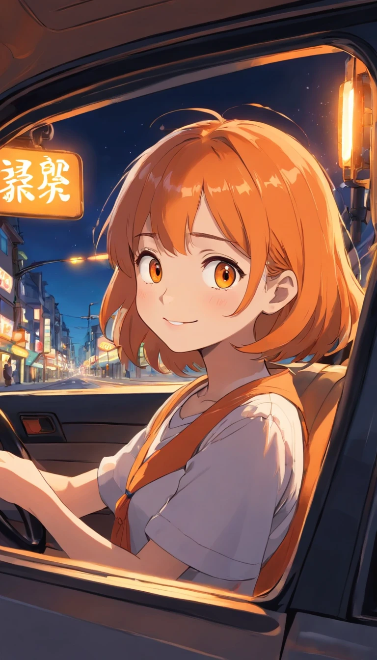Car driving on the highway、Girl looking out the window(About 16 years old)、night、The orange lights of the highway are reflected in the car window.、Do not draw the steering wheel of the car、Draw the internal structure of the car so that it is consistent、The girl is sitting in the passenger seat、Drawing from the perspective of looking at the girl from outside the car、Orange light reflected in the window、The girl smiles a little、Don&#39;t draw street lights inside a car、high resolution