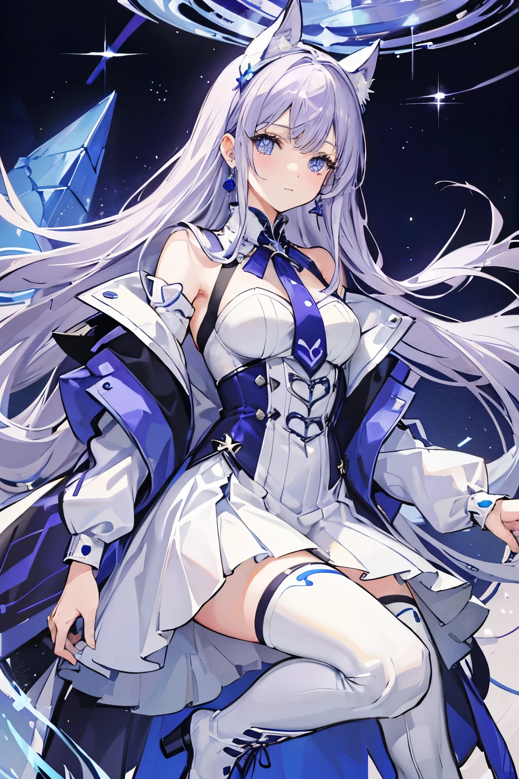 Nostalgia, super high quality, Super detailed,Fantastic white and blue outfit,Silver to purple gradation,Long Hair,Purple earrings,Blue knee-high boots,Purple and blue odd eyes,