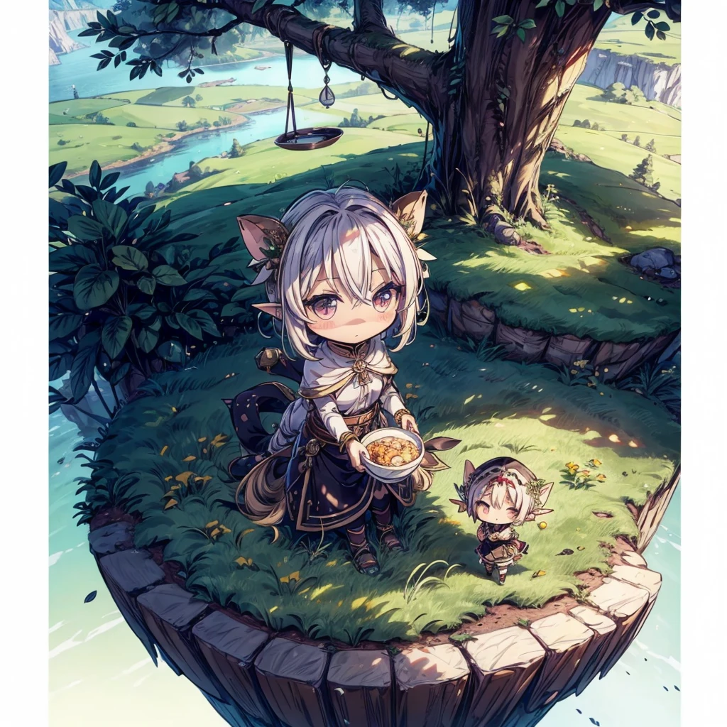 (many elves\((chibi:1.5),living daily life,eating food,washing clothes,talking each other,living on Yggdrasil\)),background\(Yggdrasil\(very huge tree,elf settlement\),forrest,beautiful lake around Yggdrasil\), BREAK ,quality\(8k,wallpaper of extremely detailed CG unit, ​masterpiece,hight resolution,top-quality,top-quality real texture skin,hyper realisitic,increase the resolution,RAW photos,best qualtiy,highly detailed,the wallpaper,cinematic lighting,ray trace,golden ratio\),isometric view