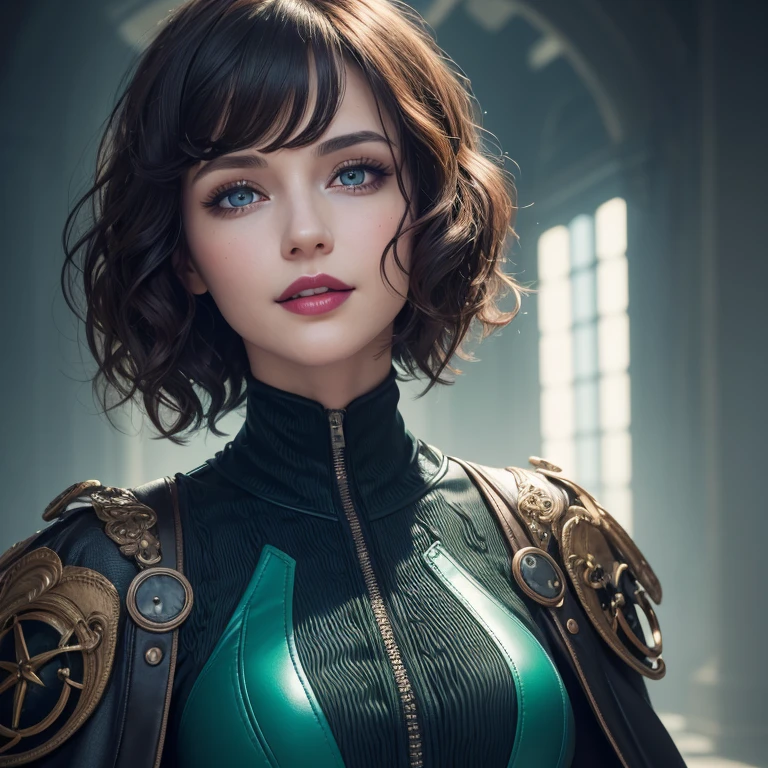 Unbeatable masterpiece, Ultra photo realsisim, Perfect artwork, Intricate details, Best quality, Strong light, High contrast, steampunk green Speerise High Neck Zip One Piece Unitard Full Body(Masterpiece) , (Best quality) , (extremely detailed wallpaper CG unity 8k) , (best character detail:1.36), marshes, (delicated lines:1.24), (fantasy), (Cold light:1.2), cape, Color splattering , Colorful, colorful background, detailed eyes, love eyes, moist thick lips, red lipstick, detailed eyeshadows, blue eyes, sci-fi background, smiling, love, looking at viewer, 1woman, matured woman, age 30, brown hair, (short hair:1.5), (bangs:1.2), (wavy hair:1.3),high high quality