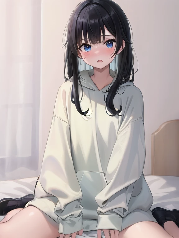 (masterpiece:1.3), (Absurd:1.3), (highest quality:1.3), The Hands of Guido Daniele, (Very detailed:1.3), (Best Shadow:0.7), (Processed Hair), One girl, alone, S1, aizawa ema, s old, (medium Breasts:1.0), (pregnant:0.6), (thick thighs:0.2), (Black hair:1.8), Asymmetrical bangs, Blunt bangs, blue eyes, white hoodie, no bra, (nipple shape:1.0), (simple black thighhighsocks:1.0), cute face, panic face, (embarrassed:1.1), in the bed room, on the bed, co-sleeping, open legs,