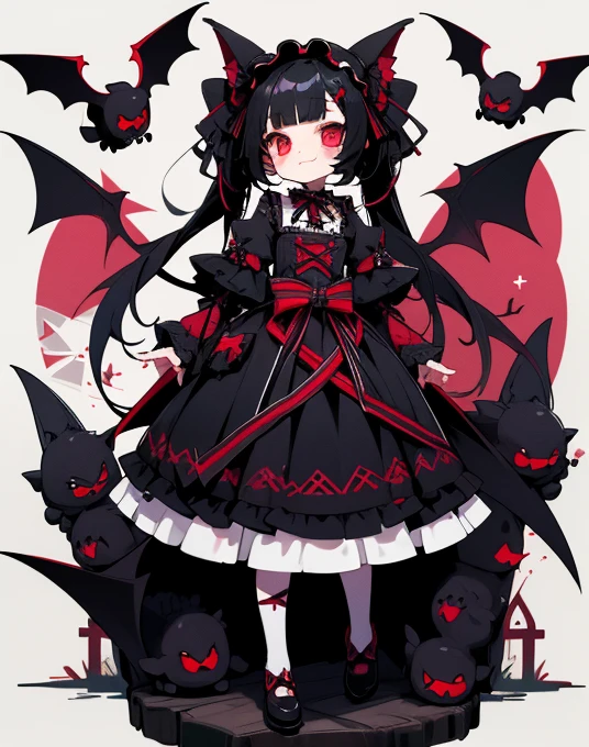 (Full-body portrait), Character Design, Costume Design, 1 girl, Black hair straight twin tails, Crimson Eyes, Gothic Lolita, vampire, tooth, nail, ribbon, Headdress, Red and black, cute, Packing characters onto one page, Mini character、Bat、(Face is front)