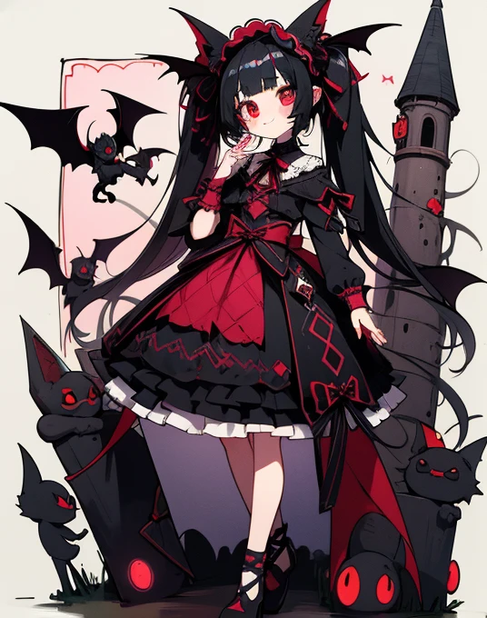 (Full-body portrait), Character Design, Costume Design, 1 girl, Black hair straight twin tails, Crimson Eyes, Gothic Lolita, vampire, tooth, nail, ribbon, Headdress, Red and black, cute, Packing characters onto one page, Mini character、Bat、(Face is front)