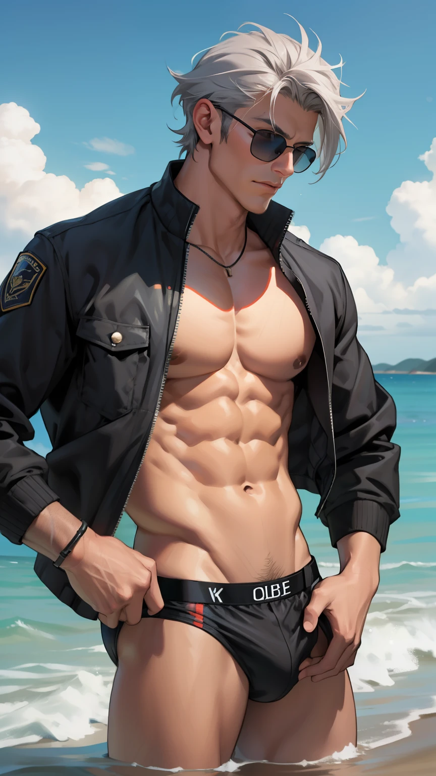 1boy, bikini, Tight muscles, Broad shoulders, Handsome and old, Tiny underwear, Sexy, sex, Guy, Gay, Sea, police jacket, black sunglasses, bright gray hair,