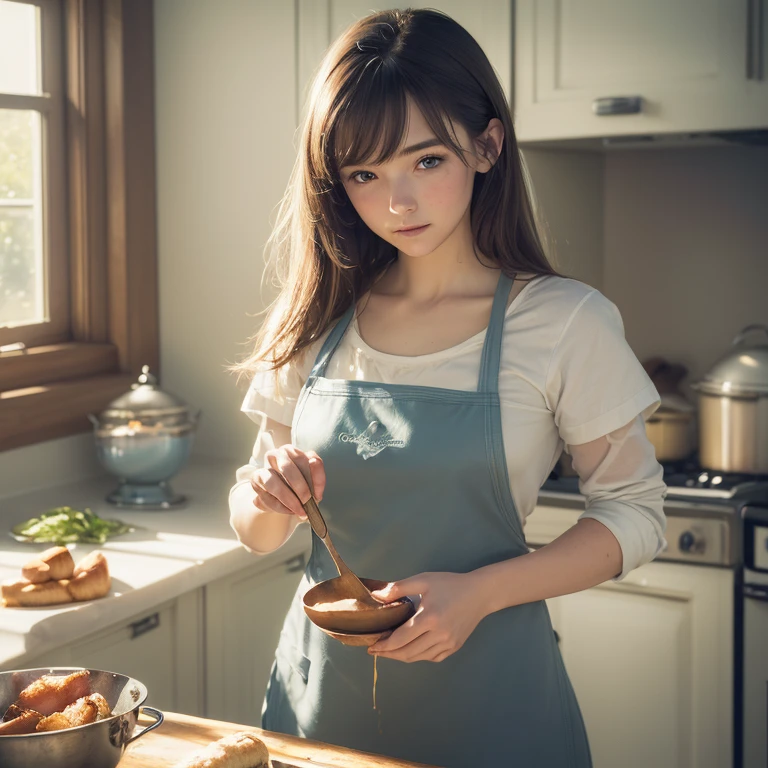 (((medium full shot))), (best quality, ultra-detailed:1.3), (nice hands, perfect hands), official art, cinematic light, (1girl:1.3), (in an apron:1.2), (kitchen interior:1.2), bright light from, concept art, smooth, sharp focus, art by Brian Froud and James Jean, glow, (muted colors:1.2)