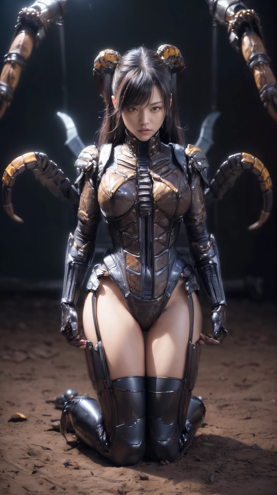 (high resolution,masterpiece,best quality,extremely detailed CG),(japanese girl), photorealistic, amazing fine details, all intricate, gloss and shiny,awesome many layers, 8k wall paper, ultimately realistic face, (whole body picture), perfect female proportion,villainess, (fusion of scorpion and lady:1.4), (scorpion form lady:1.2), (scorpion lady:1.2), (fusion:1.2), (scorpion exoskeleton bio insect suit:1.4), (scorpion blue exoskeleton bio insect armor:1.4), dystopia with a nice view, (cinematic pose)