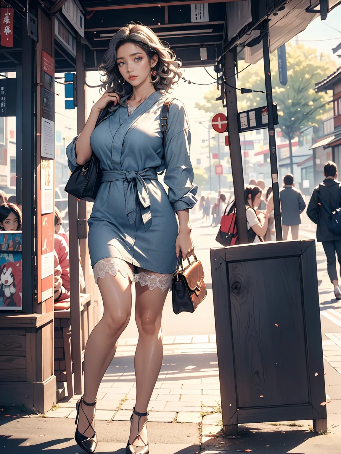 (8K, RAW photos, best quality, masterpiece:1.2), (realistic, photo-realistic:1.37)、26 year old Japanese woman、hair is gray、Eye color is dark blue、Curly short hair、venus body、My chest sticks out、huge breasts, Exploding breasts, Sagging breasts due to gravity, Wear accessories on your ankles, She is wearing a short dress with lace、black stockings that reach to the knees, high heel, very clear blue sky, Bus stop, Glowing skin under bright sunlight, standing posture holding a handbag, whole body,