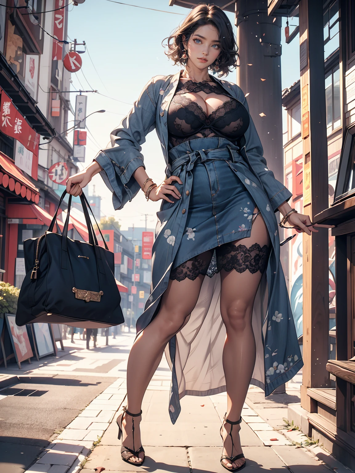 (8K, RAW photos, best quality, masterpiece:1.2), (realistic, photo-realistic:1.37)、26 year old Japanese woman、hair is gray、Eye color is dark blue、Curly short hair、venus body、My chest sticks out、huge breasts, Exploding breasts, Sagging breasts due to gravity, Wear accessories on your ankles, She is wearing a short dress with lace、black stockings that reach to the knees, high heel, very clear blue sky, Bus stop, Glowing skin under bright sunlight, standing posture holding a handbag, whole body,
