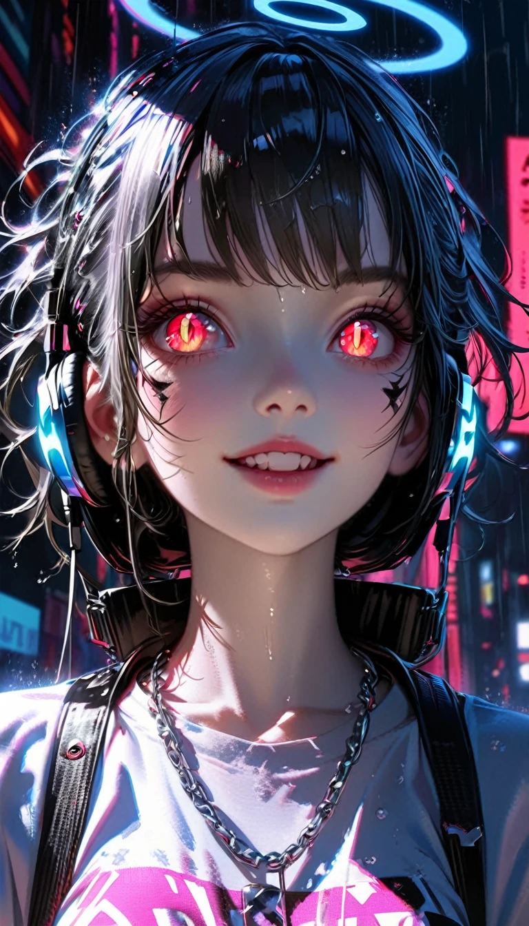 1 girl, chromatic aberration, depth of field, soft lighting, masterpiece, top quality, complex, tone map, highly detailed, art station, concept art, smooth, sharp focus, dramatic lighting, highly detailed artwork, cinematic, super realistic painting, art station's trending, 8k, incredible shadows, realistic, (highly detailed background:1.0), upper body, looking away, highly detailed portrait of one girl 1, standing on street corner, during downpour with lightning and cloudy sky, neon and cyber punk background, she is dressed in punk clothing with silver chains and silver spikes, her hair is painted with a delicate touch with black middle hair, she is wearing headphones, detailed glowing red eyes with clear pupils, ominous aura of Halo, smiling, punk, ciber punk, back Lights.