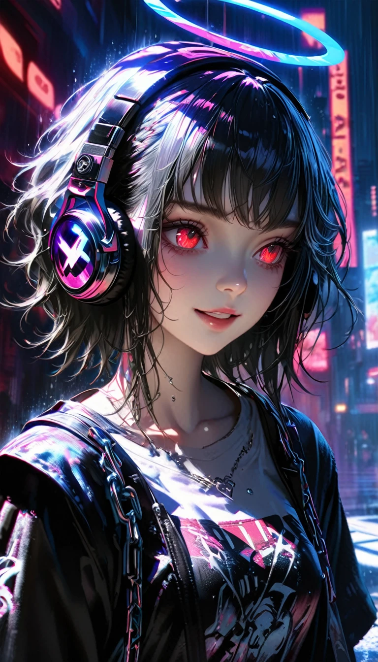 1 girl, chromatic aberration, depth of field, soft lighting, masterpiece, top quality, complex, tone map, highly detailed, art station, concept art, smooth, sharp focus, dramatic lighting, highly detailed artwork, cinematic, super realistic painting, art station's trending, 8k, incredible shadows, realistic, (highly detailed background:1.0), upper body, looking away, highly detailed portrait of one girl 1, standing on street corner, during downpour with lightning and cloudy sky, neon and cyber punk background, she is dressed in punk clothing with silver chains and silver spikes, her hair is painted with a delicate touch with black middle hair, she is wearing headphones, detailed glowing red eyes with clear pupils, ominous aura of Halo, smiling, punk, ciber punk, back Lights.