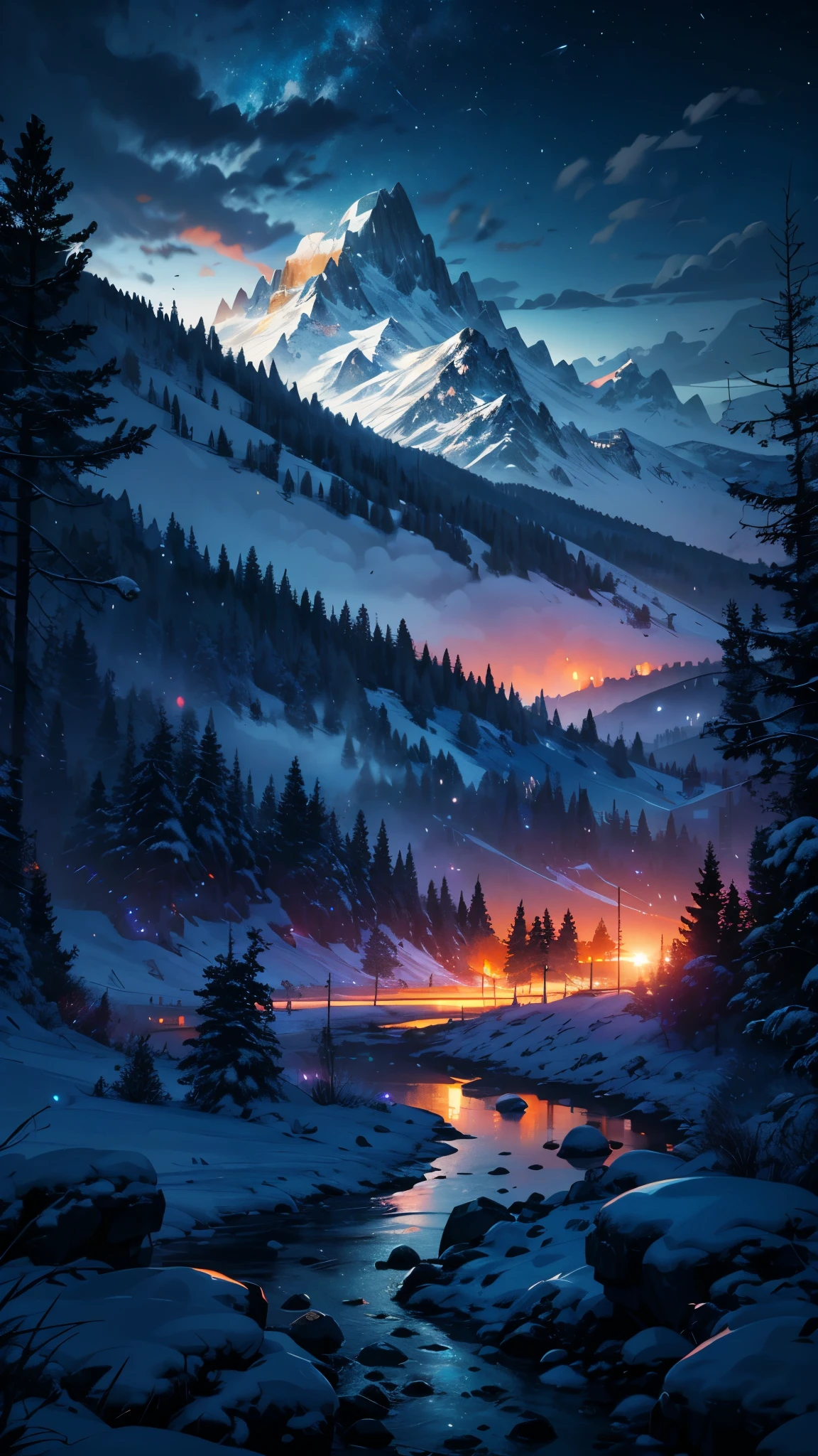 An amazing natural phenomenon in the night sky. Vibrant colors can light up dark skies. In the foreground, a snow-covered mountain can be seen, which adds to the beauty of this scene. Farther away from the beach, there are more mountains that appear blurry due to their distance from us, and he will probably capture this amazing view for himself, (Digital: 1.0), Epic Composition, Realistic Lighting, High-Resolution Details, Masterpiece, Best Quality, (Unified CG Background Highly detailed 8K resolution))