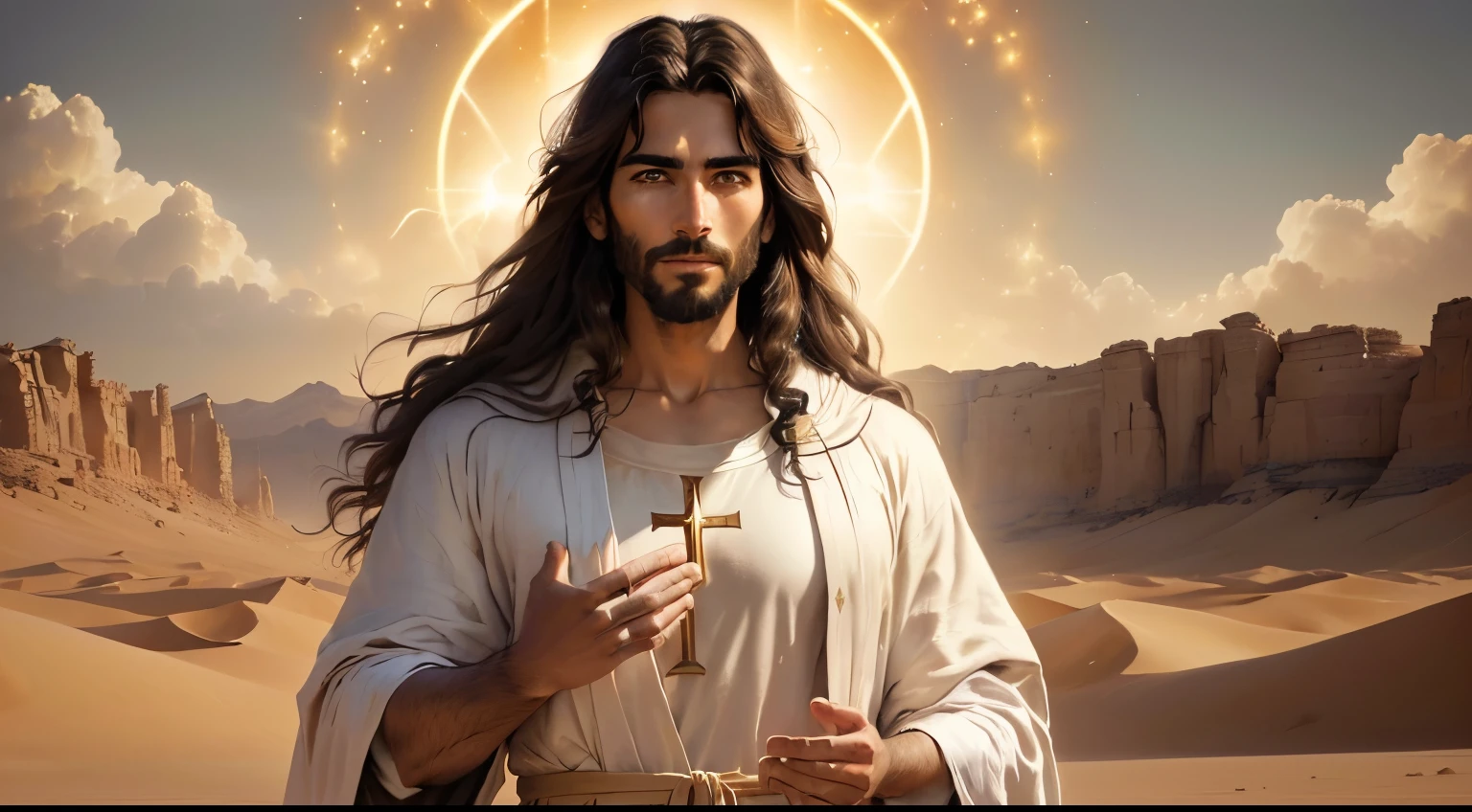 arafed image of a man in a robe in the desert, jesus christ, jesus of nazareth, portrait of jesus christ, jesus, dressed like jesus christ, the lord and savior, he is greeting you warmly, young almighty god, by Juan O'Gorman, greg olsen, jesus face, beautiful man, the most beautiful scene, his mind contemplating eternity