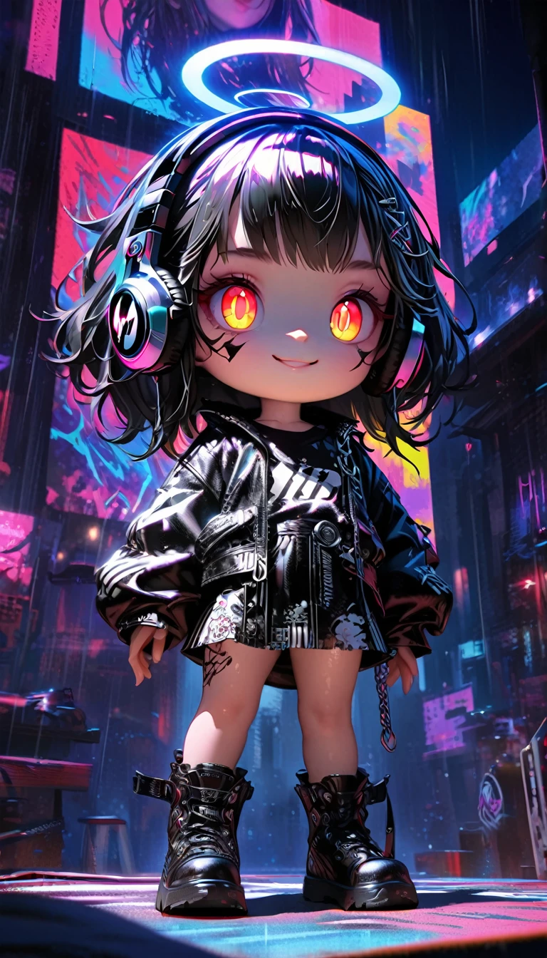 1 girl, chromatic aberration, depth of field, soft lighting, masterpiece, top quality, complex, tone map, highly detailed, art station, concept art, smooth, sharp focus, dramatic lighting, highly detailed artwork, cinematic, super realistic painting, art station's trending, 8k, incredible shadows, realistic, (highly detailed background:1.0), full body, pov, looking viewer, highly detailed portrait of one girl 1, standing on street corner, during downpour with lightning and cloudy sky, neon and cyber punk background, she is dressed in punk clothing with silver chains and silver spikes, her hair is painted with a delicate touch with black middle hair, she is wearing headphones, detailed glowing red eyes with clear pupils, ominous aura of Halo, smiling, punk, ciber punk, back Lights.