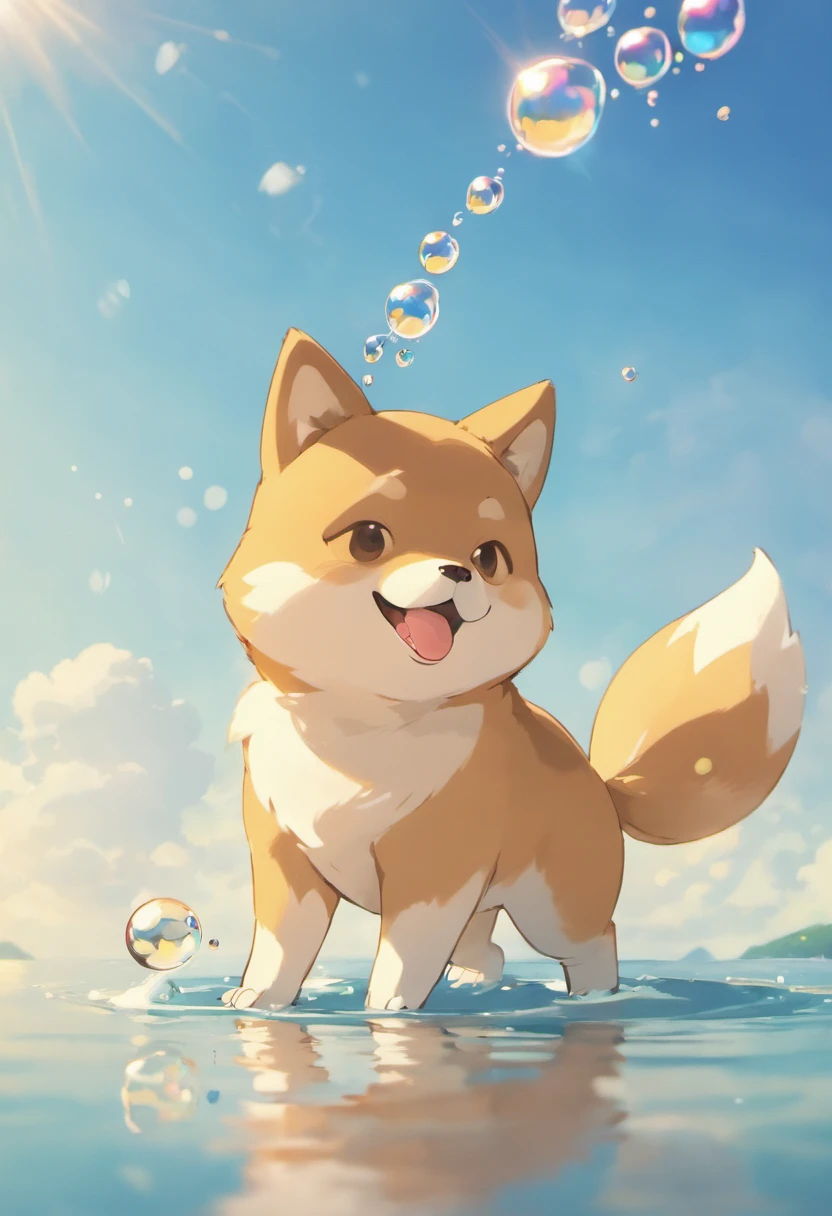 An inspiring ultra-high definition 3D scene,Showing a Shiba Inu, Biting a bone and making a wish by the lake. Beautifully presented,The details are all in place, See the bubbles gently blowing into the air, Everyone has a good wish. Reflection of Shiba Inu, Be a dreamer, magical effect. The overall atmosphere is soft, Full of hope and tranquility