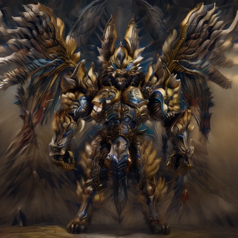 (Pokémon) (Zeraora), (masterpiece, best quality, detailed:1.2), (nj5furry), (medieval armor:1.3) sparkling skin, Vibrant colors, 4K, GOLD armor, Its full plate armor emphasizes the muscles. big muscle (pecs, triceps, traps) unusually developed muscular body, body full of huge muscles. showing off muscles, pectorales enormes. Exaggeratedly huge muscles. Gigachad Muscular, Very muscular, Large pecs, Spread wings, It has wings. have big wings. has 10 large wings. It has large golden wings. The feathers on its wings are detailed and realistic. FULL BODY, giant, huge body, long legs, gigantic, big penis,