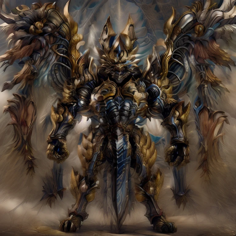 (Pokémon) (Zeraora), (masterpiece, best quality, detailed:1.2), (nj5furry), (medieval armor:1.3) sparkling skin, Vibrant colors, 4K, GOLD armor, Its full plate armor emphasizes the muscles. big muscle (pecs, triceps, traps) unusually developed muscular body, body full of huge muscles. showing off muscles, pectorales enormes. Exaggeratedly huge muscles. Gigachad Muscular, Very muscular, Large pecs, Spread wings, It has wings. have big wings. has 10 large wings. It has large golden wings. The feathers on its wings are detailed and realistic. FULL BODY, giant, huge body, long legs, gigantic, big penis,